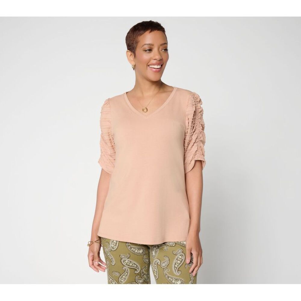 Belle by Kim Gravel Women's Top Sz XS TripleLuxe Knit Ruched Sleeve Brown